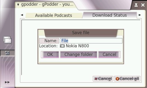 Screenshot of gPodder using Hildon's file chooser dialog