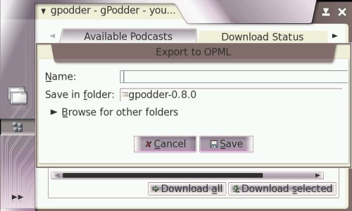 Screenshot of gPodder using GTK's file chooser dialog