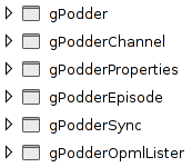 Screenshot of Glade showing a list of windows defined in gPodder's glade file