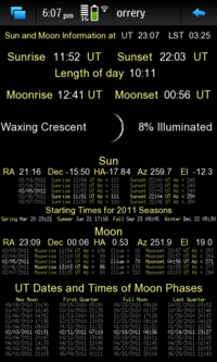 Screenshot of sun and moon information