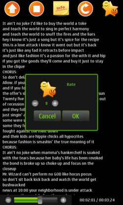 Knots2 Client showing song lyrics and rating dialog