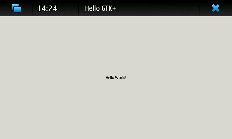 Screenshot of test application showing ‘Hello World!’ in the centre of an unthemed window