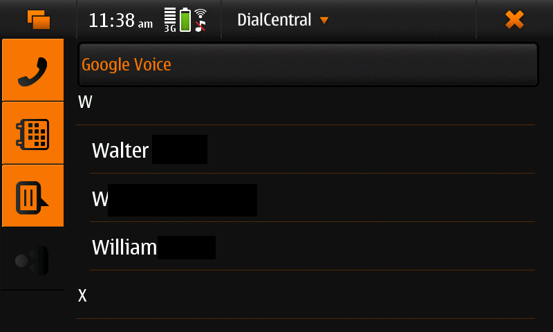 Screenshot of DialCentral showing ‘contacts’ view