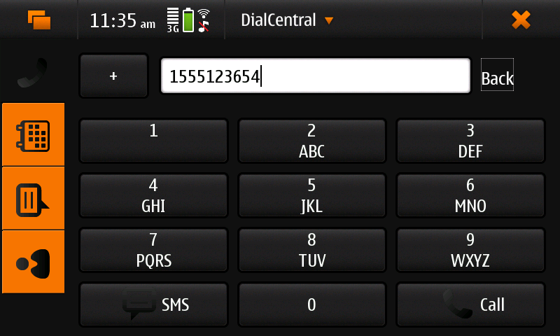 Screenshot of DialCentral showing ‘dialpad’ view