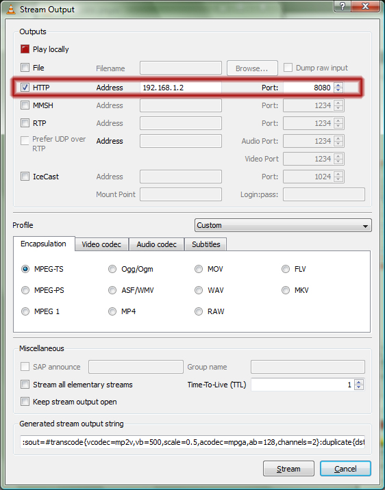 Screenshot of the stream output settings dialog