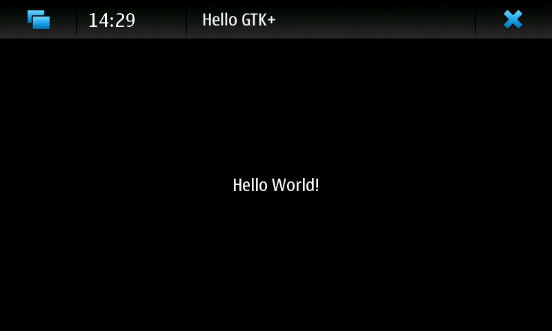 Screenshot of test application showing ‘Hello World!’ in the centre of a themed window
