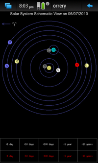 Screenshot of schematic solar system view